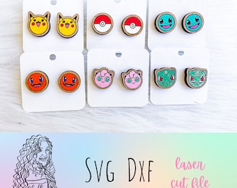 Cute Nerd Stud Earrings Glowforge Svg Bundle, Stud Earrings SVG File, Glowforge Laser Cut Pikachu Bulbasaur Charmander Earrings Svg Bundle,