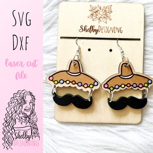 2 Stück Sombrero & Schnurrbart Ohrringe SVG DXF Laser Cut Datei | Cinco De Mayo Ohrringe SVG Digitale Datei | Glowforge Ohrringe