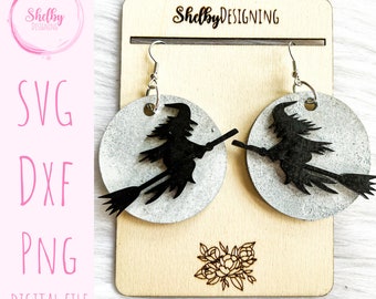 Witch & Moon Dangle Earrings Glowforge SVG File, Halloween Earrings SVG File, Halloween Witch Earrings Laser Cut SVG File, Glowforge Svg
