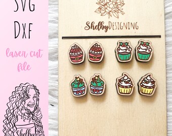 Holiday Cupcakes Stud Earrings Set SVG DXF Laser Cut File | Glowforge Christmas Cupcakes Stud Earrings SVG | Christmas Kid Earrings Svg