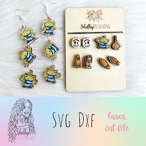Toy Movie Stud Earring Svg, Glowforge Earrings Svg, Cartoon Toy Alien & Friends Earrings SVG File, Laser Cut Dxf Svg Earrings