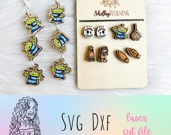Toy Movie Stud Earring Svg, Glowforge Earrings Svg, Cartoon Toy Alien & Friends Earrings SVG File, Laser Cut Dxf Svg Earrings