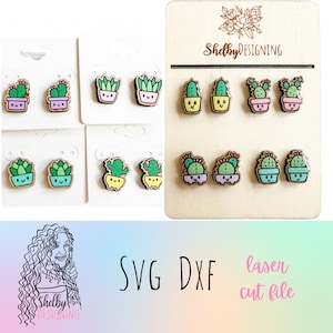 Kawaii Suculent & Cactus Stud Set SVG BUNDLE Pendientes, Lindos Archivos de Pendiente Glowforge Svg, Paquete de Pendiente de Planta Kawaii SVG Dxf Corte Láser