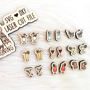 Cocktailuurtje Stud Earring bundel SVG DXF lasergesneden bestand voor lasers | Glowforge Cocktail Alcohol Party drankjes wijn Earring Svg-bestand
