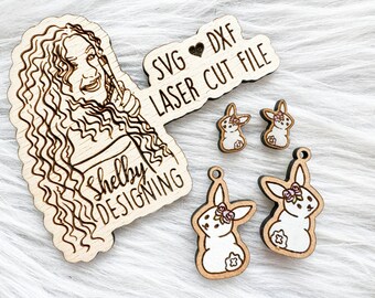 Easter Bunny w Flower Stud + Dangle Earrings Combo Glowforge Laser Cut SVG DXF File