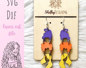 Witchy Sisters 3 Piece Dangle Earrings SVG DXF Laser Cut File | Glowforge Halloween Earrings SVG File | Witch Halloween Dangle Earrings Svg