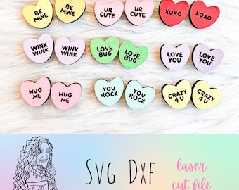 Valentines Day Candy Heart Stud Earrings Bundle Glowforge Laser Cut SVG DXF File | Set of 9