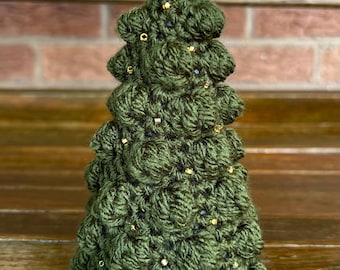 Crocheted Small Dark Green Beaded Christmas Tree