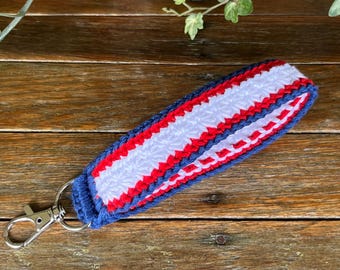 Patriotic Red White and Blue Cotton Crocheted Wristlet Keychain