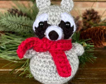 Crocheted Raccoon with Red Scarf Christmas Ornament