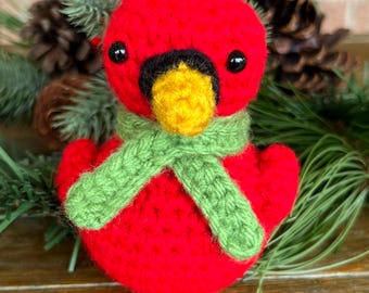 Crocheted Red Cardinal with Green Scarf Christmas Ornament