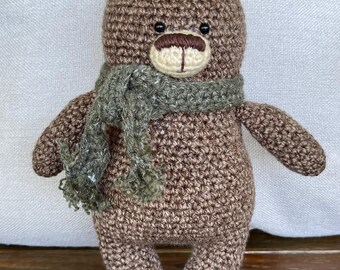 Crocheted Brown Bear with Green Scarf (Amigurumi)