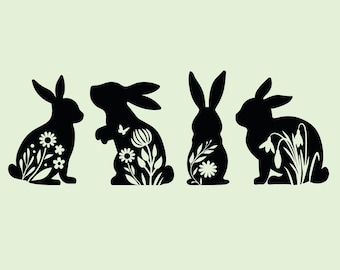 Rabbit SVG Bundle, Floral bunnies for Digital Download, Spring svg, Cricut, Silhouette, Glowforge (4 individual svg/png/dxf)