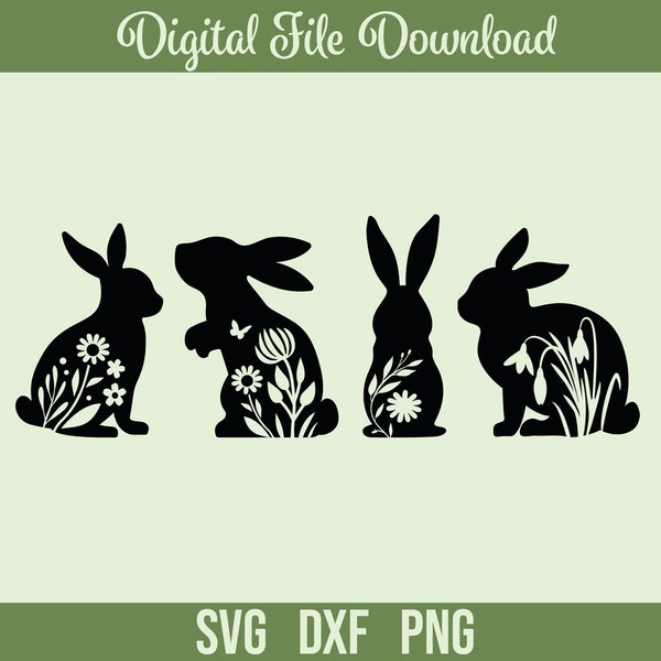 Konijn SVG bundel, bloemen konijntjes voor digitale download, lente SVG, Cricut, silhouet, Glowforge (4 individuele SVG/PNG/DXF)