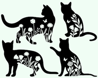 Floral Katze SVG Bundle, Katzen für digitalen Download, Frühling svg, Cricut, Silhouette, Glowforge (4 einzelne svg/png/dxf)