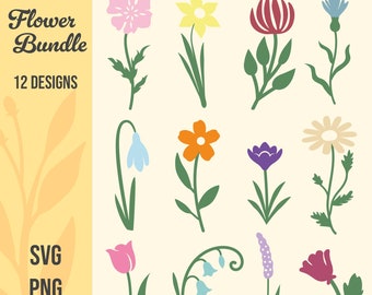 Flower SVG Bundle, Flowers with stalks for Digital Download, spring flowers, Cricut, Silhouette, Glowforge (12 individual svg/png/dxf)