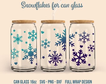 Snowflake SVG for can glass, Digital Download, Libbey glass 16oz full wrap design, Cricut, Silhouette, Glowforge (svg/png/dxf)