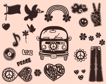 Hippie SVG Bundle, hippie flowers svg, 70s groovy style, Cricut, Silhouette, Glowforge (20 individual svg/png/dxf)