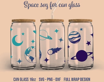 Space SVG for can glass, Planets, Digital Download, Libbey glass 16oz full wrap design, Cricut, Silhouette, Glowforge (svg/png/dxf)