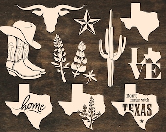 May include: Digital file download featuring various Texas-themed designs. Includes a longhorn skull, star, Texas state outline, cowboy hat and boots, cactus, and floral elements. The phrase "Don't mess with Texas" is also included. Formats: SVG, DXF, PNG.