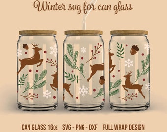 Winter SVG for can glass, Deer, Digital Download, Libbey glass 16oz full wrap design, Cricut, Silhouette, Glowforge (svg/png/dxf)