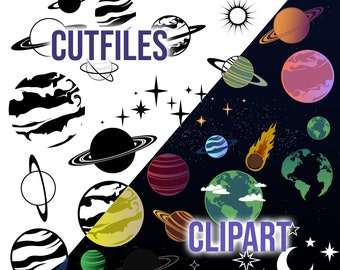 Paquete SVG espacial, imágenes prediseñadas del planeta para descarga digital, archivo de la Tierra, el Sol y la Luna, Cricut, silueta, Glowforge (26 svg/png/dxf individuales)