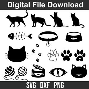 Cat SVG Bundle, Paws for Digital Download, Cat Love designs pour machines à découper, Silhouette et plus (17 svg/png/dxf individuels)