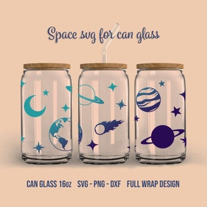 Espacio SVG para vidrio de lata, Planetas, Descarga digital, Libbey glass 16oz diseño de envoltura completa, Cricut, Silhouette, Glowforge (svg/png/dxf)