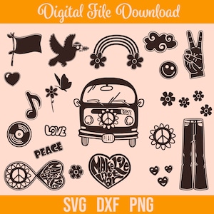 Hippie SVG Bundle, hippie flores svg, 70s groovy style, Cricut, Silhouette, Glowforge (20 svg / png / dxf individuales)