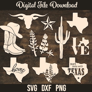 Texas SVG Bundle, Texas Form, Zuhause, digitaler Download, Cricut, Silhouette, Glowforge (12 einzelne svg/png/dxf)