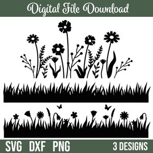 Pacote SVG de prado de flores, grama para download digital, flores silvestres, Cricut, Silhouette, Glowforge (3 svg/png/dxf individuais)