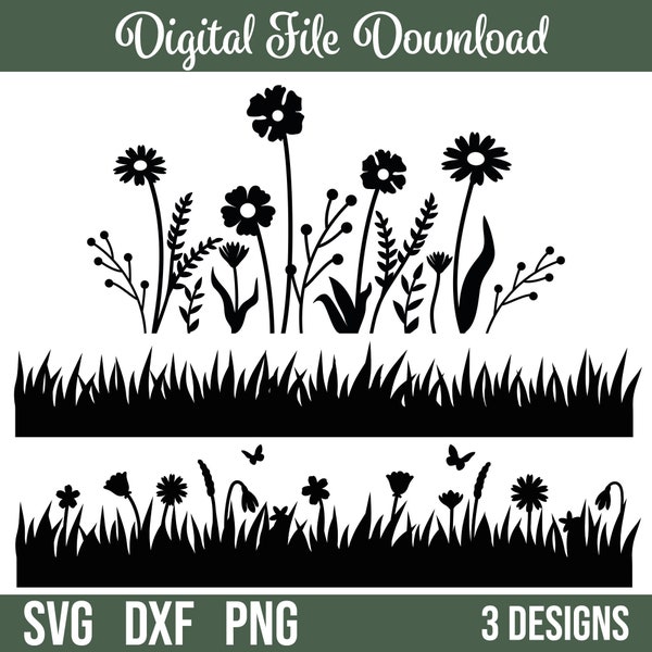 Blumenwiese SVG Bundle, Gras für digitalen Download, Wildblumen, Cricut, Silhouette, Glowforge (3 einzelne svg/png/dxf)