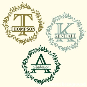 May include: Three monogram wreaths with a single letter in each wreath. The wreaths are green, blue, and gold. The letters are T, K, and A. The names Thompson, Kendall, and Anderson are written below the letters.