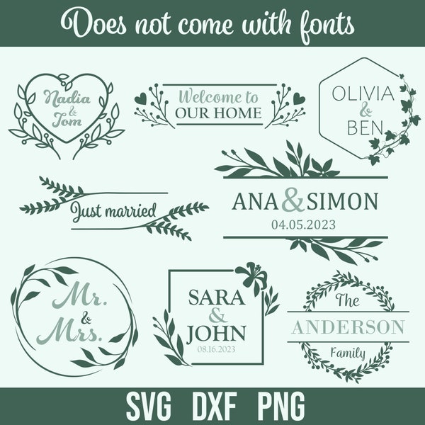 Cadre floral SVG, Monogramme de mariage, Téléchargement numérique, Cutfile pour Cricut, Silhouette, Glowforge (8 svg/png/dxf individuels)