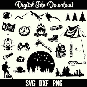 Camping SVG, avonturenbundel, dieren in het wild, digitale download, Cricut, silhouet, Glowforge (23 einzelne svg/png/dxf)