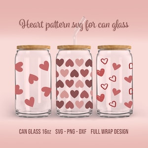 Seamless Heart Pattern SVG Bundle, Libbey glass 16oz full wrap design, Cricut, Silhouette, Glowforge (3 singoli svg/png/dxf)