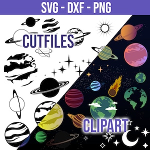 Ruimte SVG bundel, planeet clipart voor digitale download, aarde, zon en maan bestand, Cricut, silhouet, Glowforge (26 individuele SVG/PNG/DXF)