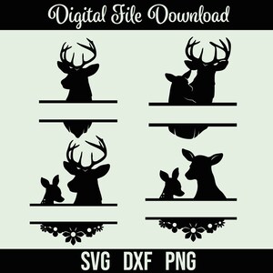 Könnte beinhalten: Vier verschiedene SVG-Schnittdateien mit einer Hirsch-Silhouette mit einem geteilten Monogrammbereich. Die Hirsche sind in verschiedenen Posen, darunter ein Hirsch mit Geweih, eine Hirschkuh und eine Mutter mit Kitz. Die Dateien sind perfekt für die Erstellung von personalisierten Geschenken oder Wohnaccessoires.