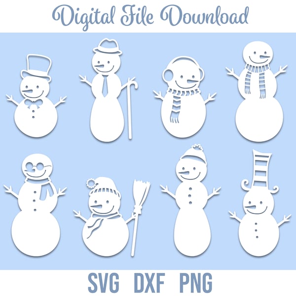 Snowmen SVG Bundle, Snowman for Digital Download, Winter SVG File, Cricut, Silhouette, Glowforge (8 individual svg/png/dxf)