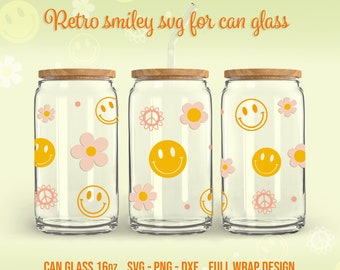 Retro Smiley SVG, 70er Jahre grooviger Stil, Hippie Blumen, Libbey Glas 16oz Vollwrap Design, Cricut, Silhouette, Glowforge (svg/png/dxf)