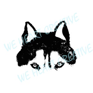 May include: Black and white illustration of a husky dog peeking over a surface, with only its head and ears visible. The dog has a serious expression with its eyes wide open.