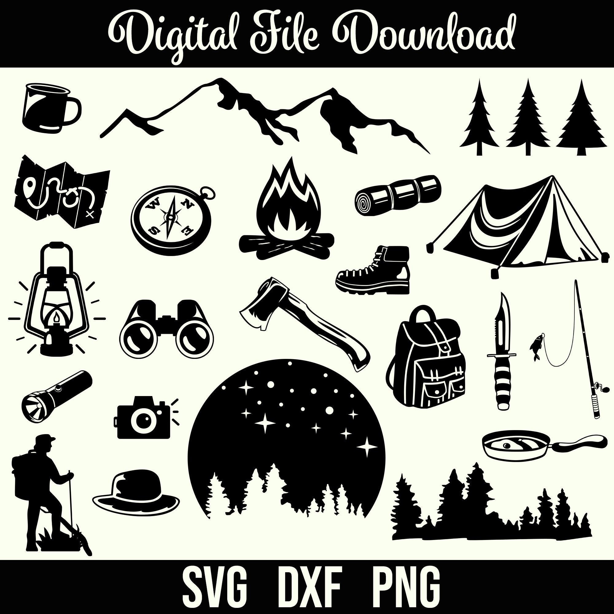 Camping SVG, Paquete de aventuras, Vida silvestre, Descarga digital, Cricut, Silhouette, Glowforge (23 archivos SVG/PNG/DXF individuales)