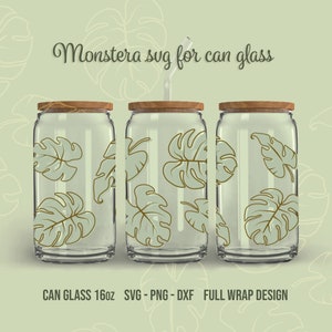 Hoja de Monstera para vidrio de lata SVG Bundle, Libbey glass 16oz diseño de envoltura completa, Cricut, Silhouette, Glowforge (3 svg/png/dxf individuales)
