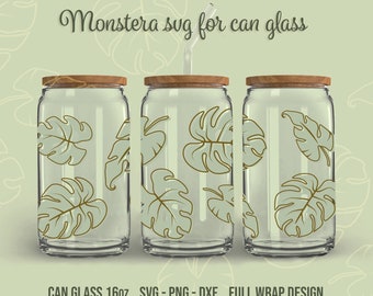 Monstera leaf for can glass SVG Bundle, Libbey glass 16oz full wrap design, Cricut, Silhouette, Glowforge (3 individual svg/png/dxf)