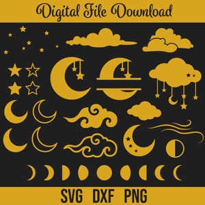 Night sky SVG Bundle, Star clipart voor digitale download, Zon en Maan File, Cricut, Silhouette, Glowforge (21 individuele svg/png/dxf)