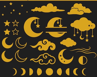 Night sky SVG Bundle, Star clipart for Digital Download, Sun and Moon File, Cricut, Silhouette, Glowforge (21 individual svg/png/dxf)