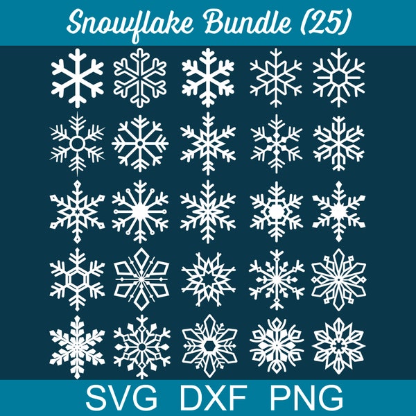 Bundle SVG fiocco di neve, fiocchi di neve per il download digitale, File fiocco di neve SVG invernale, Cricut, Silhouette, Glowforge (25 singoli svg/png/dxf)