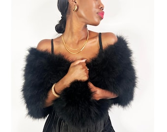 Black Ostrich Feather Shawl, Art Deco Wedding Stole, Vintage Style Fur Scarf