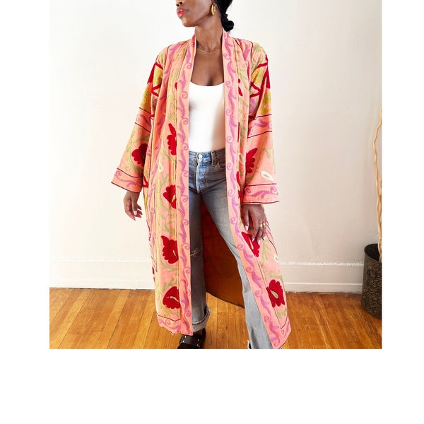 Bohemian Handmade Duster Jacket, Frida Kahlo Handmade Suzani Long Jacket, Anthropologie Free People Style Full Length Jacket, Textile Jacket