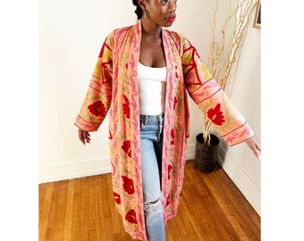 Frida Kahlo Handmade Suzani Long Jacket, Bohemian Handmade Duster Jacket, Anthropologie Free People Style Full Length Jacket, Textile Jacket